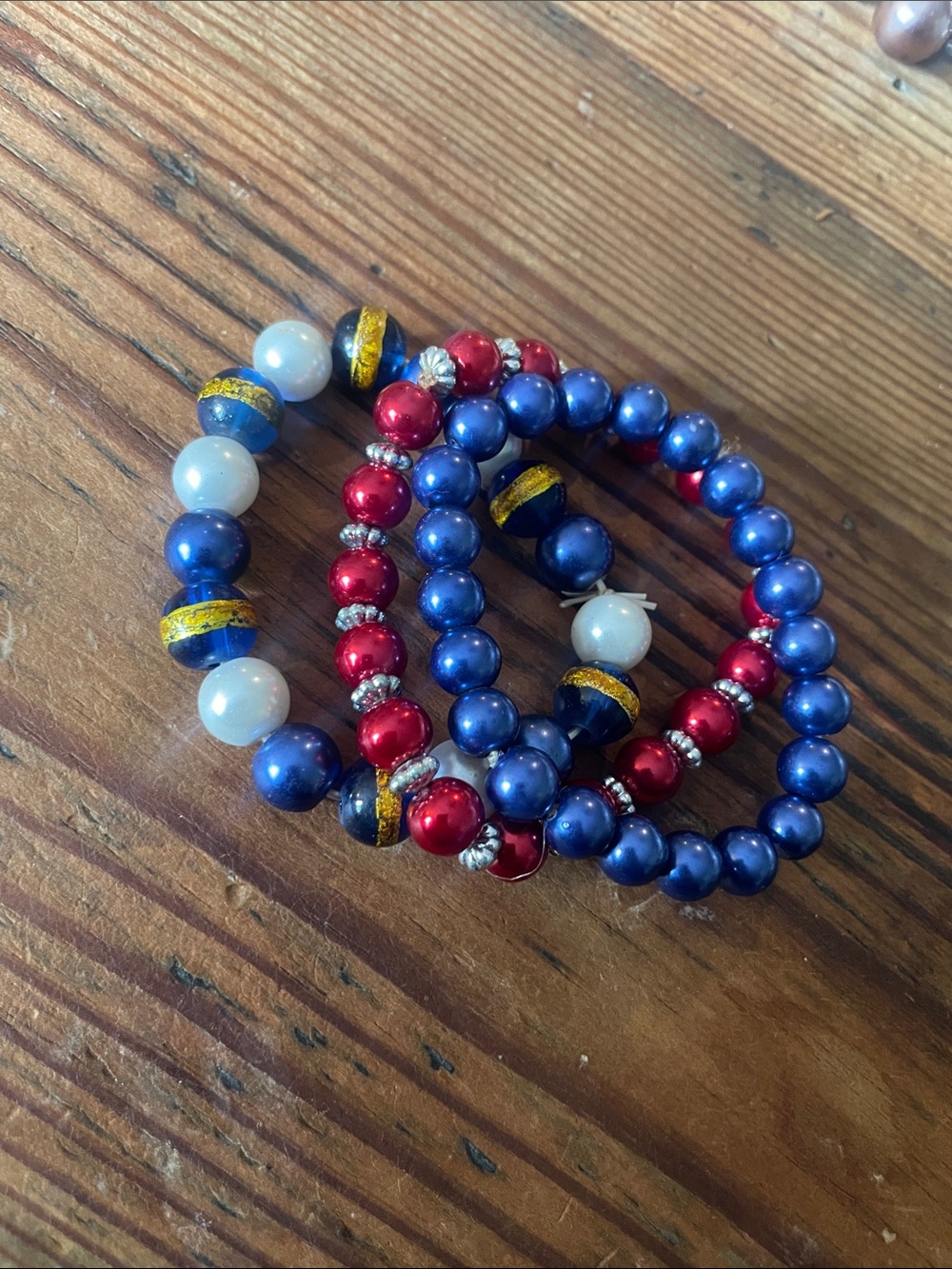Trio of Blue, Red and White Beaded Stretch Bracelets